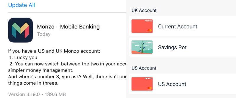 Monzo US介绍#Monzo #数字银行🆕10/5/21更新：Monzo撤回美国银行牌照申请👉🏿 Monzo App更新，英国🇬🇧账户 和 美国🇺🇸账户 可以方便在一个APP里切换了✅ 
