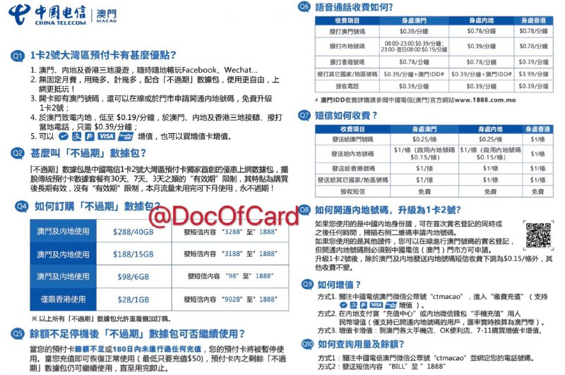 中国电信澳门预付卡“永不过期”数据包#CTMO #中国电信澳门🆕9/5/21更新：预付卡支持VoLTE[官网]和VoLTE漫游[DP]🆕6/14/21更新：内地副号支持行程卡[DP]，6月15日之前开通的内地副号不收费，之后新开的或者注销重开的副号收费MOP28/月🆕4/14/21更新：4G网络也可以激活[DP]🆕更新：部分区域漫游5G测速140M[DP]🆕更新：可低延迟漫游5G但限速4G[DP]🆕更新：强制CDMA模式即可在内地漫游激活，如CDMA未收到短信可尝试拨出任意一个内地号码，就会收到激活提醒和短信 • 预付卡也需要实名才能使用 • 可通过中国电信澳门公众号[直达链接]实名认证， 但需要澳门信号才能收到激活短信 • “保活”：180天内至少充值$50 • 充進大陸號的話費1CNY = 1.05MOP[DP] • 充值澳门号：用WeChat Pay HK在公众号里充值 • “永不过期” 数据包可在内地、澳门使用 • 储值卡不支持漫游VoLTE[DP] 🆕已支持👉🏿 充值： • 充值大陸號的話費1CNY = 1.05MOP[DP] • 充值澳门号：WeChat Pay HK在CTMO公众号里充值✅可叠加：$288/40G, $188/15G, $98/6G✅不可叠加仅限新用户购买一次：$10/3G（发送短信10到1888）✅APN改ctlte可以提升速度[DP]✅可通过万能宝 ¥76充MOP$100 ，相当于漫游流量MOP$5.5/G👀相关：CTMO學生專享兩地通月費計劃👀相关：鸭聊佳365天流量HKD$498/50G👀相关：月神卡流量翻倍HKD$188/20G👀相关：CTMO永不过期MOP$288/40G👀相关：CUniqHK上台流量包$500/50G👉🏿 @DocOfCard / 漫游卡合集