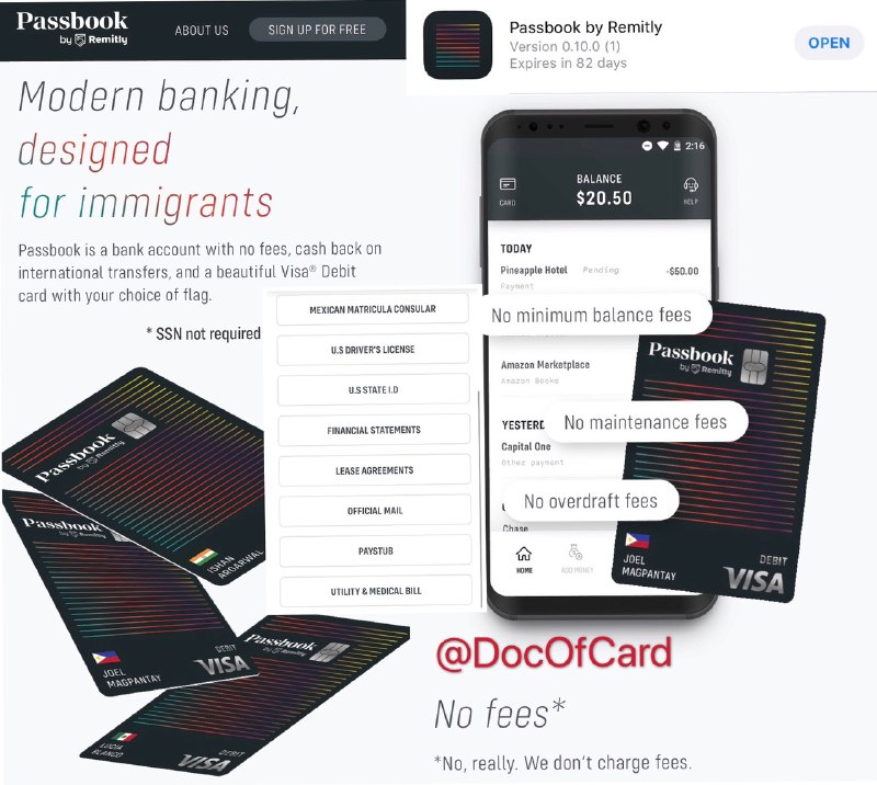 美国数字银行Passbook by Remitly#Passbook #Remitly #数字银行🆕2/21/23更新：Passbook 邮件通知，服务将于 5/1 下线，请提前转出余额🆕10/9更新：Passbook更新1.30版，支持ITIN注册[DP]🆕6/16更新：Passbook正在大规模的肆意封号🆕5/22更新：最近多位群友[DP][DP2]，Passbook账户被要求提供重新提供Photo ID身份证明 • 还有在申请过程中直接被关闭的[DP] • Passbook正在变严格还秋后算账🆕4/13/21更新：现有Remitly用户可快速开户无需身份验证，新开户马上拿到卡号[DP]🆕3/20/21更新：收到明信片后要拍照，并且和明信片一起自拍上传[DP]🆕3/9/21更新：注意Passbook和Remitly邮箱需一样(如果有)，否则会登录失败[DP]🆕8/25更新：Passbook可以寄明信片给你的美国地址来地址验证[DP]🆕7/4更新：增加限额👉🏿 Passbook是Remitly旗下新开数字银行✅ 