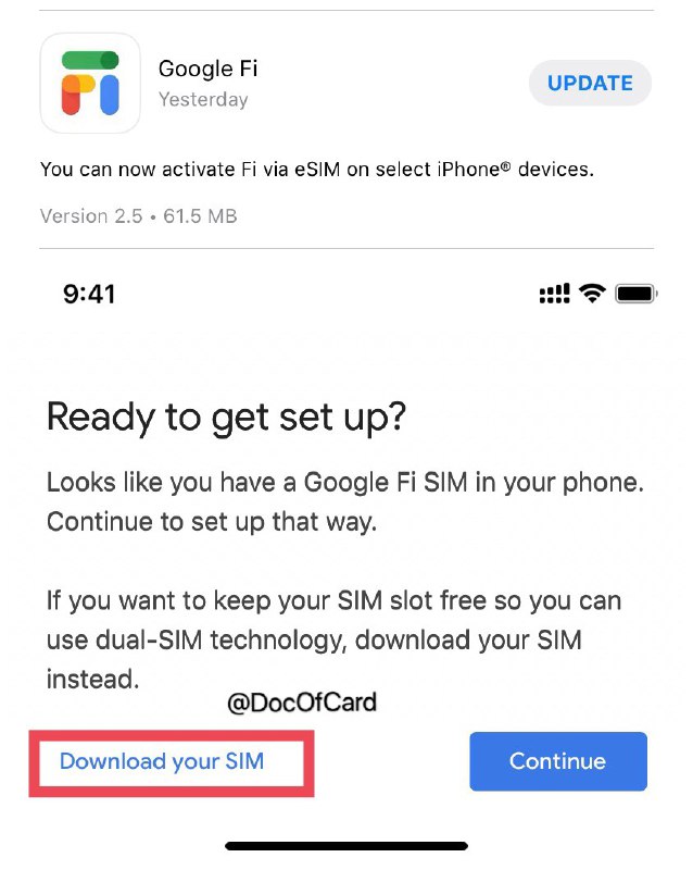 Google Fi新APP使用注意#GoogleFi👉🏿 近日Google Fi APP更新后 允许现有用户转eSIM，但由于APP设计BUG问题，以下情况不要去点 Download your SIM： ⓵ 非eSIM手机不要点：由于APP目前不会检测你的手机是否符合eSIM条件而是直接转换，这将导致你的卡已经转为eSIM而手机却不支持，实体卡又失效无信号 ⓶ 漫游状态不要点：因为漫游状态无法激活SIM，即使手机显示eSIM已激活但却没有信号，最后实体卡失效无信号 漫游iPhone实体卡转eSIM激活成功出信号 [DP] ⓷ 只是试试还想转回实体卡的不要点：⓵⓷情况eSIM转回新实体卡会提示激活错误，如果有试过iPhone eSIM漫游再次转回新/旧实体卡成功出信号的DP请留言👉🏿 由eSIM导致的实体卡失效无信号问题解决办法只有：在美国重新激活新实体SIM👉🏿 👀所有漫游卡合集👉🏿 @DocOfCard