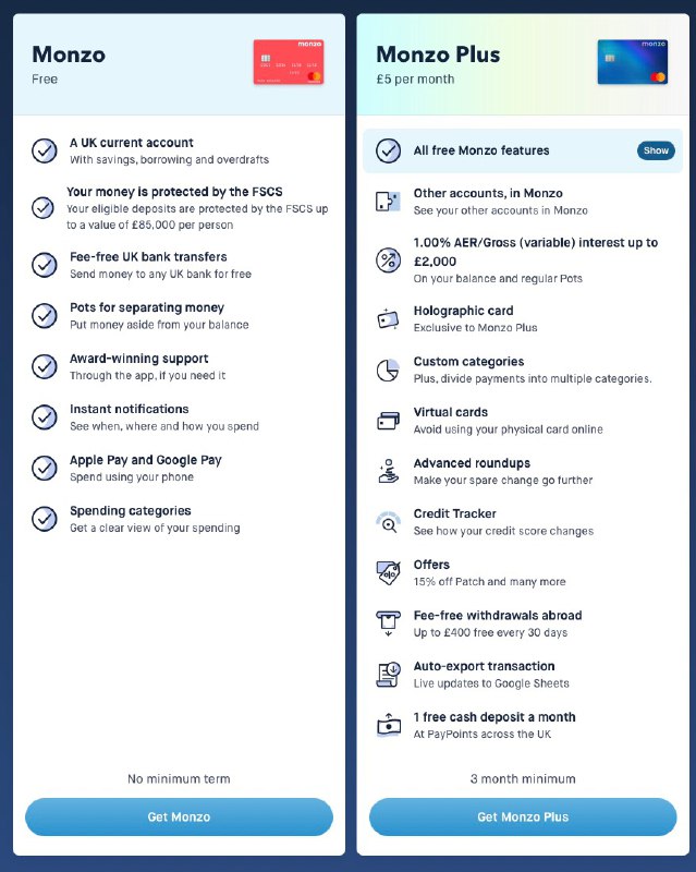 #Monzo#245 7/16更新：Monzo Plus重新上线，不过这次没有金属卡，包含： • 月租£5, 最低购买3个月 • 可以同时创建5张虚拟卡，共100张[DP] • 每月一次TU信用分免费查询 • £400每月国外免费取现额度 • 取消Plus后新卡也将停止使用 • 支持海外配送补卡，运费£30👉🏿 T&Cs：