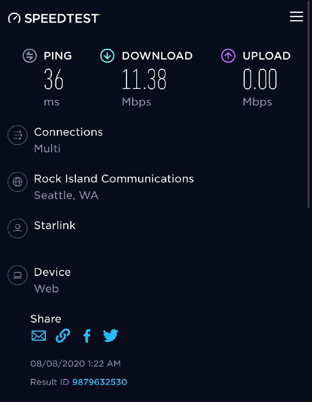 Starlink测速延迟18ms下载102.88Mbps#SpaceX #Starlink #星链🆕6/20/21更新：德国用户[测速]下载速度达到649Mbps，不过并不稳定🆕5/20/21更新：德国用户[测速] 下载速度540Mbps[DP]🆕2/23/21更新：Starlink扩大测试申请地区，国内也能预约🆕9/9更新：目前最高测速[DP]延迟18ms，下载102Mbps，上传40Mbps👉🏿 [图片来源]Reddit上有帖子记录到多名用户对Starlink测速后，最低延迟达到了20ms，下载速度最大可以达到60Mbps👉🏿 更多测速结果：