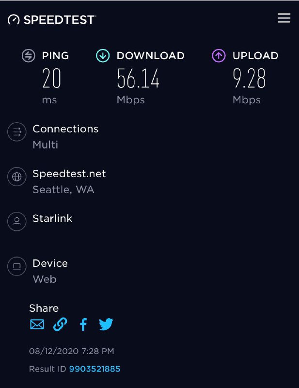 Starlink测速延迟18ms下载102.88Mbps#SpaceX #Starlink #星链🆕6/20/21更新：德国用户[测速]下载速度达到649Mbps，不过并不稳定🆕5/20/21更新：德国用户[测速] 下载速度540Mbps[DP]🆕2/23/21更新：Starlink扩大测试申请地区，国内也能预约🆕9/9更新：目前最高测速[DP]延迟18ms，下载102Mbps，上传40Mbps👉🏿 [图片来源]Reddit上有帖子记录到多名用户对Starlink测速后，最低延迟达到了20ms，下载速度最大可以达到60Mbps👉🏿 更多测速结果：