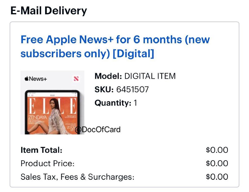 Bestbuy 免费6个月Apple News+(美区)#Bestbuy #AppleNews✅ bestbuy.com/site/6451507.p • 仅Apple News+新用户(老用户5个月) • 购买后30分钟内会邮件发送激活码 • 激活地址： applecodes.co/BBYnews • 注意免费结束后会$9.99/月自动续费，不续费的可以直接取消订阅，不影响免费时间👉🏿 @DocOfCard