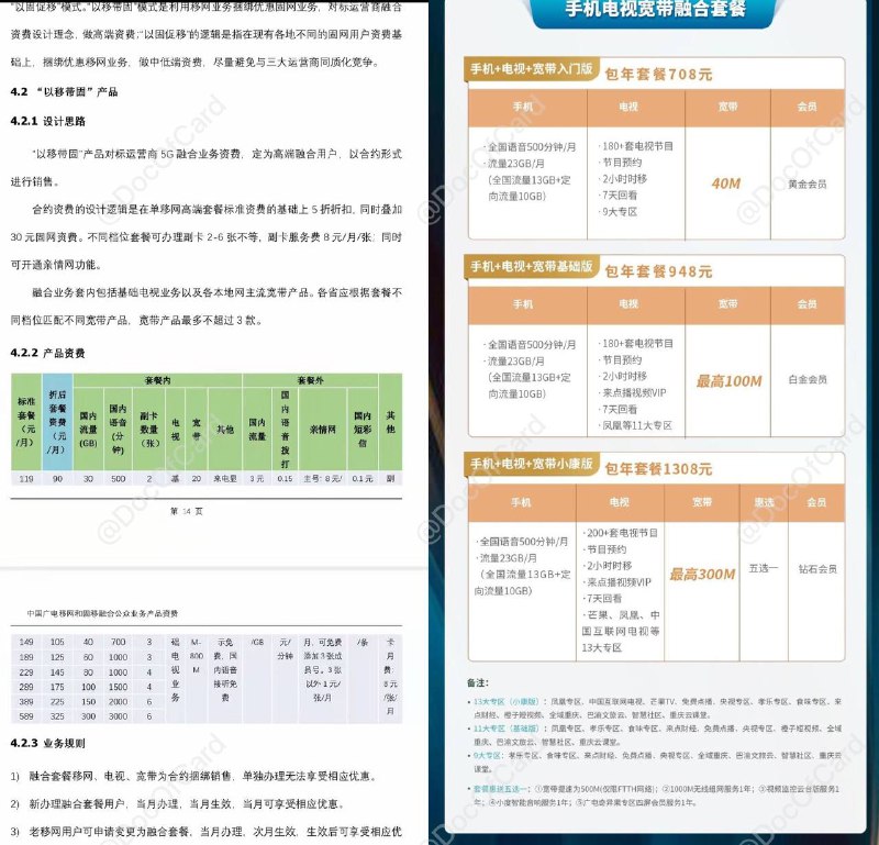 广电融合套餐资费#广电 #消息👉🏿通信人家园用户贴出了两张广电融合套餐资费图✅ 融合资费1  • 融合资费2(重庆) • 目前仍没有192放号消息👉🏿 @DocOfCard
