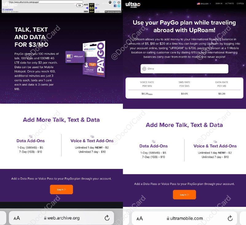 Ultra Mobile PayGo官网改版，难道要黄？#UltraMobile #Ultra #PayGo✅ www.ultramobile.com/paygo • Ultra Mobile $3 PayGo 是从 T-Mobile $3 PayGo 接手过来的业务，一直以来被大量国际用户漫游保号，难道不怎么赚钱要下线？ • Ultra Mobile 普通套餐价格最低$15每月 • 目前$3 PayGo[激活页面]还在 • 目前[eBay]还能买到这张卡 • 本频道[2019年9月]最早开始[介绍]这张卡 • 且撸且珍惜👉🏿 @DocOfCard / 漫游卡合集
