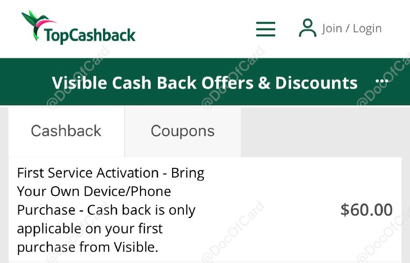 #Visible #TopCashback🆕 TopCashback 有 Visible $60 返现活动 • 仅限Visible新用户 • 每人仅可获得一次Visible返现 • Visible 要求客户在 7 天内激活服务，并保持连续服务至少 60 天⚠️注意：tcb返现和首月$5的refer 会冲突iPhone SE 2022 64G：$429 + 税- $60 TopCashback- $300 礼品卡 (🆕 MasterCard 无了)+ $65 Visible 月租（首月$15，Party Pay加入Reddit_Upvote组第二、三月$25）= $134 + 税👉🏿 @DocOfCard