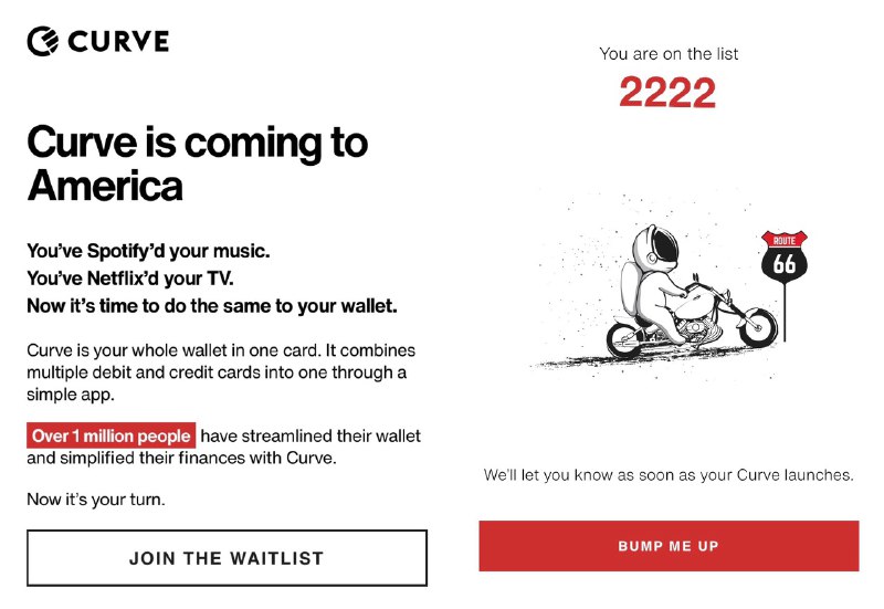 Curve即将进入美国#CurveUS #Curve🆕5/17/22更新：开放更多名额🆕11/22/21更新：正式上线🆕2/22/21更新：Arriving later this year🆕6/7更新：收到邮件提醒，前1000排队用户将可以拿到early access，并且提前收到Curve卡👉🏿 Curve即将登陆美国，并开启排队预约，前100名预约用户将获得免费一年的Premium订阅👉🏿 @DocOfCard / 银行账户卡合集