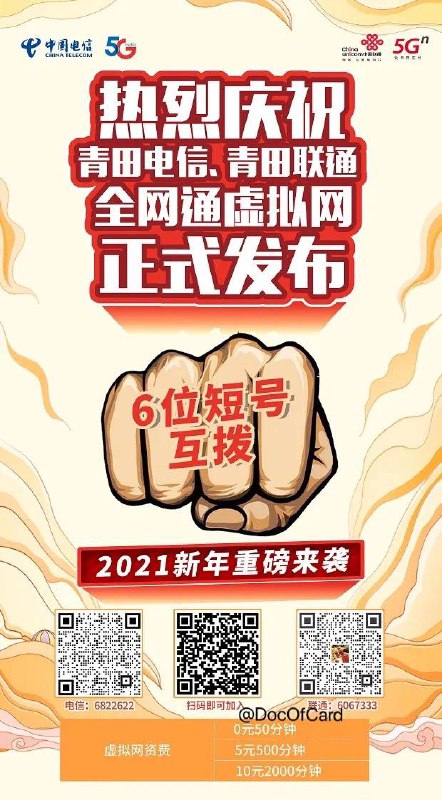 电信联通试点“全网通虚拟网”#电信 #联通✅ s.docofcard.com/2j4jCe • 此次推出的“全网通虚拟网”业务，主要面向浙江省内电信联通用户，可跨运营商组建手机虚拟网，用6位短号互拨 • 有0元50分钟、5元500分钟、10元2000分钟三种资费 • 省内虚拟网接听免费👉🏿 @DocOfCard / 漫游卡合集