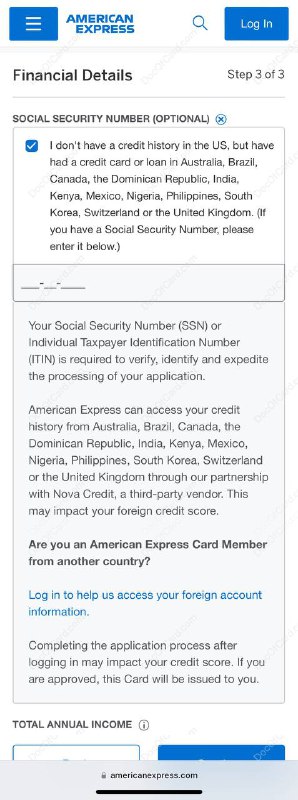 8/23起通过Nova Credit方式GT申请AmEx US需提供SSN/ITIN#AmEx #GT #SSN #ITIN✔️今日美卡论坛有 [帖文] 提到，根据 AwardWallet blog 收到的消息：「 …A new policy change means that, from August 23, 2023, you must provide a U.S. Social Security Number or ITIN when applying for a credit card and want your overseas credit history to be considered in the application process. 」 • 我们在 无 SSN 新手美卡入门指南 一文中也提到，通过 GT 方式申请 AmEx US ，如果没有 SSN/ITIN，可通过(建议)勾选 I don't have a credit history in the US, but ... 来跳过 SSN/ITIN，避免因「乱填SSN」而可能带来的麻烦 • 如果 AmEx 取消跳过 SSN/ITIN 选项，预计仍然可以通过电话申请，或者(对于在网页刷到史高迎新奖励的时候)也可以先使用 「明确无效 SSN」 的方式申请，之后再电话客服告知没有 SSN 能否提供护照号码 • GT 申请 AmEx US 首卡，除了上面的 Nova Credit 方式，还可以通过登录其他国家/地区 AmEx 账户的方式申请 [官网]✔️@DocOfCard / 🇺🇸美卡合集