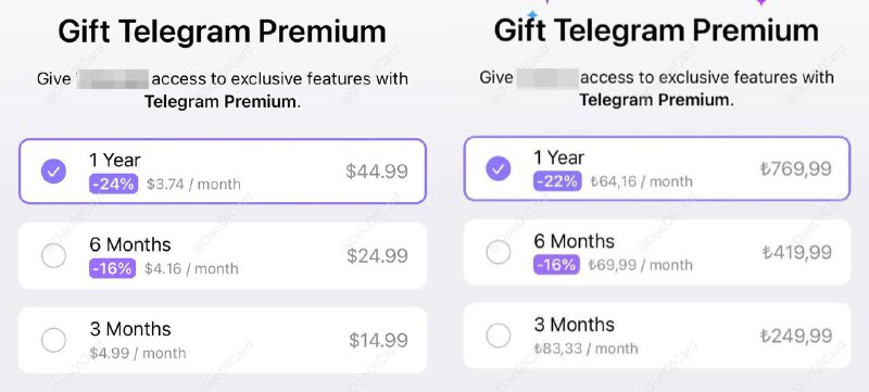 Telegram 更新，可选3、6、12期赠送他人大会员#Telegram🆕8/22更新：Telegram 禁止以低价区的价格赠送他人大会员🆕更新：电脑版也可以赠送大会员了，土区价格按 ₺13.99/月(约5元)  • 群聊中大会员头像旁显示白色小星标 • 可选3、6、12期赠送他人大会员，需要自己已经是大会员且对方不是三种折扣计划： • 3 个月 — $14.99, ₺249.99 • 6 个月 (16% 折扣) — $24.99, ₺419.99 • 1 年 (24% 折扣) — $44.99, ₺769.99🫰 @DocOfCard