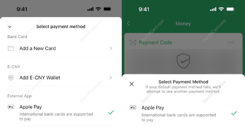 微信主扫、被扫、小程序、九宫格、第三方 App/H5 跳转等都可以 Apple Pay 了#WeChat Pay #Apple Pay • 支付宝什么时候支持 Apple Pay 呢？ • Apple Pay 什么时候支持 微信 / 支付宝 呢🔗相关: WeChat Pay 开放支持 Apple Pay🔗相关: 微信绑定外卡扫码实测✔️@DocOfCard / DocOfCard.com
