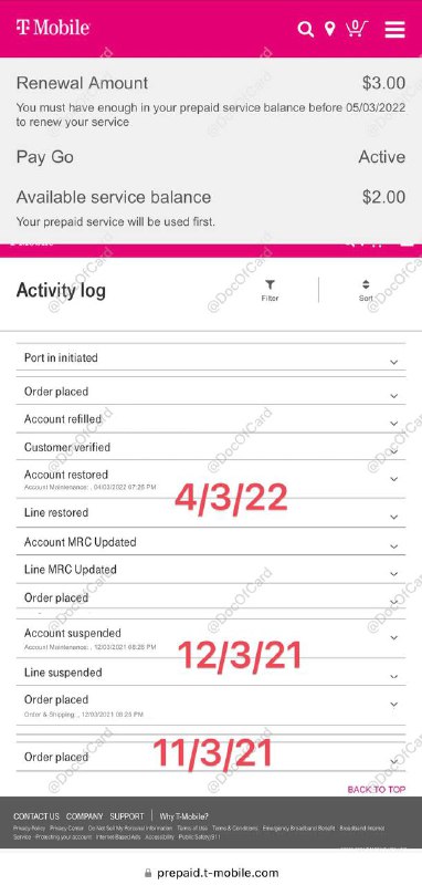 [奇技淫巧]偷渡 T-Mobile $3 PayGo eSIM#奇技淫巧 #TMobile #eSIM👉🏿 T-Mobile Prepaid 话费非零但连续 4 个月余额不足缴纳套餐费的话，第 5 个月会被自动转成 $3 PayGo 这个已下线套餐[DP]■ 如图实测时间线：[iOS only]11/3/21：通过 T-Mobile Prepaid eSIM app (支持大陆卡付款) 或者网站 (仅支持美卡)开 $15 Prepaid Connect eSIM，续充 $5 [DP]12/3/21：Account and Line suspended4/3/22：Account and Line restored [DP]，自动变 $3 PayGo了，余额剩 $2 • 实体卡应该同理 • $3 Ultra PayGo 还香吗？ • 原来某宝的卡是这么来的？ • 🆕谈心能力好联系客服611、TForce有机会转入这个已下架的绝版套餐[DP]▎余额足够套餐费即可保号，也可以设置 Autopay 保号，当余额不足 $3 抵扣月租时，自动充值 $10▎T-Mobile $3 PayGo plan： • 月租$3，含30短信或30通话 • Taxes & Fees：911填77050地址，PPU填89012地址，有奇效 • 套餐已下架卖给了 Ultra Mobile $3 • 支持漫游 WiFi Calling、WiFi Calling over Cellular Data  • Caller ID仅显示WIRELESS CALLER📶 LTE漫游大陆：[官网]     • 短信：收$0.1/条，发$0.5/条     • 通话：$3.59/分钟     • 不支持流量漫游📶 WiFi Calling：     • 按套餐收费，收短信也算     • 超出后，通话短信 $0.25 • Connect by T-Mobile plan不支持漫游，需在设置里激活WiFi Calling才能使用 • Prepaid Connect eSIM无漫游，如果转PayGo eSIM生效后也没有漫游信号，可通过联系客服重发eSIM qrcode，安装后就有漫游信号了[DP]🔗相关：Connect by T-Mobile eSIM $10🔗相关：T-Mobile $0 Legacy PayGo eSIM✔️@DocOfCard / 🇺🇸手机卡合集