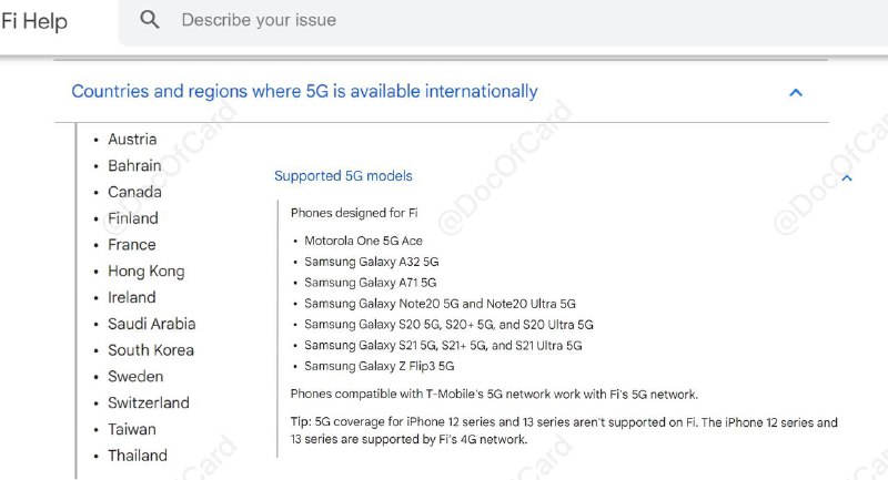 Google Fi将支持以下国家/地区漫游5G#GoogleFi #5G✅ docofcard.com/go/aWnDjF • Austria • Bahrain • Canada • Finland • France • Hong Kong • Ireland • Saudi Arabia • South Korea • Sweden • Switzerland • Taiwan • Thailand • [官网]5G暂不支持iPhone 12和13👀相关：关于5G和VoLTE漫游👉🏿 @DocOfCard / 漫游卡合集