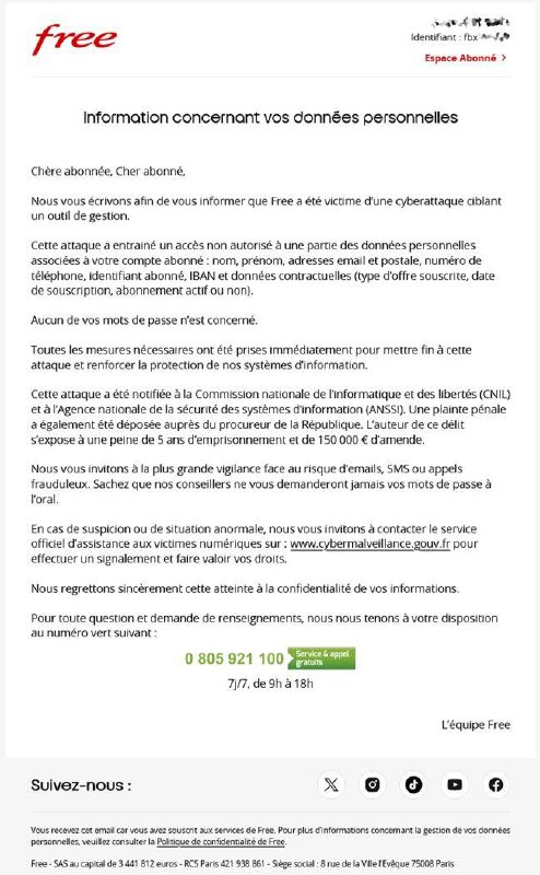 Free Mobile 被攻击，1900万用户数据泄漏#free.fr #消息10 月 28 日，法国运营商 Free Mobile 证实 ，其约 1920 万 (19,192,948) 客户的个人数据在一次“针对管理工具”的网络攻击中 被盗 