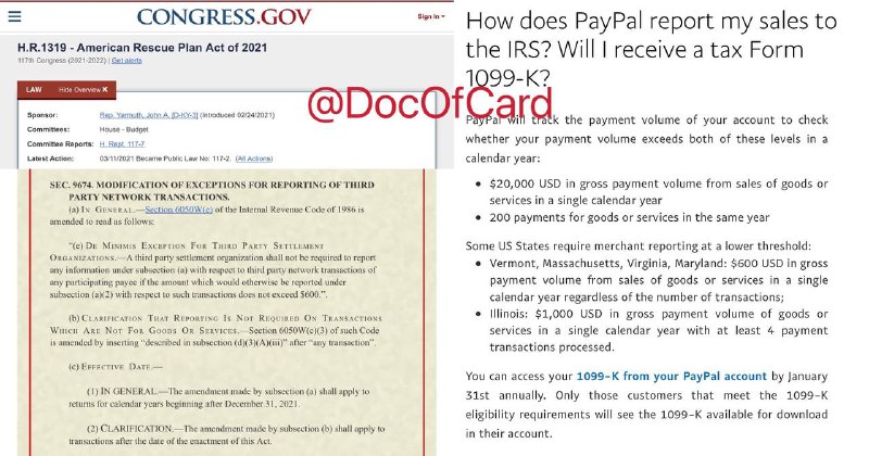 2022年起PayPal等第三方收款超过$600可能收到1099-K税表#PayPal #消息👉🏿 对于PayPal等第三方支付机构，目前联邦法律的规定是一年收入$20k且超过200笔就必须发1099-K税表，目前几个州将标准下调到$600或$1000不等，所以已经有DP收到了1099-K但是3/11刚刚通过的拜登$1.9T第三轮发钱法案[Section 9674]将标准下调至$600：全美国自2022年1月1日起，第三方支付收款超过$600就会收到1099-K税表 • 该收入不计算朋友转账、返利网返现 • 但是在返现网[TopCashBack]、[Rakuten]赚取超过$600，并通过PayPal收取，也可能触发1099-K • 目前PayPal还没有更新[1099k页面]👉🏿 原文： uscreditcardguide.com/shoudao-1099-k-shuibiaozenmebanhuiyingxiangshenfenma