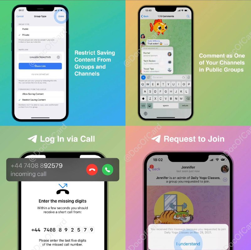 Telegram iOS 8.3 新功能：群/频道消息保护、匿名聊天等#Telegram ▎Protected Content in Groups and Channels 群组和频道中的受保护内容 • 群/频道主开启该功能后，所有人将：    • 无法转发、复制群/频道消息    • 无法下载群/频道中的图片、视频等    • 截屏时，群内的图片会显示为空白▎Anonymous Posting in Public Groups 在公开群以频道身份发言 • (频道主) 可以以频道身份在任何公开群、绑定频道的私有群、频道评论中匿名聊天▎Responses to Join Requests 增加对入群请求的回复 • bot admin可以主动联系新入群用户（比如要求入群验证），即使该新用户之前没有与bot对话过▎Delete Messages by Date 按日期删除信息▎New Ways to Log In via Call 通过电话登录的新方法▎Text Recognition on iOS 13+ 文字识别✅ 