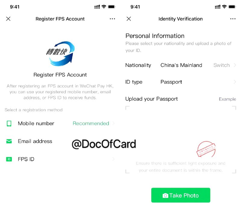 WeChat Pay (HK) FPS允许大陆护照实名了#WeChatPayHK🆕1/21/22更新：现在仅HKID了🆕1/1/21更新：⚠️用内地护照认证后无法在内地商户消费🆕9/7更新：现在认证FPS需要香港ip[DP] • 微信支付(HK)的转数快功能一直只能使用HKID实名，现在有护照选项了 [DP] [DP] ，经测试只能选择大陆地区和大陆护照 • 实名后可以跨境转账港币到国内银行(目前只支持工行) [DP]👉🏿 大陆微信开通港币钱包最新方法：🆕7/27/21更新：可以只验证香港手机号码就开通了⓵ WeChat Pay HK公众号的开通转数快功能⓶ 扫FPS收款码绑定[香港银行账户][DP]👀相关：WeChat Pay HK内地消费实测👉🏿 @DocOfCard / 银行账户卡合集