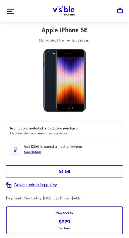 #Visible #Rakuten #TopCashback🆕 Visible iPhone SE 3 降价到 $329，且提供 $200 gift card 返现，gift card 现在不提供 MasterCard，但是有 Amazon GC 可选可选叠加一个返现网站： • TopCashback $60 返现，要求 7 天内激活，不能使用首月 $5 的 refer，成本 $329 - $60 - $200 + 3个月月租共 $65 = $134 • Rakuten $25 返现，可以使用首月 $5 的 refer，成本 $329 - $25 - $200 + 3个月月租共 $55 = $159（如果是 Rakuten 新用户，有额外 $30 新用户邀请奖励） • BofA/Chase 有 $25 target offer购买方法：