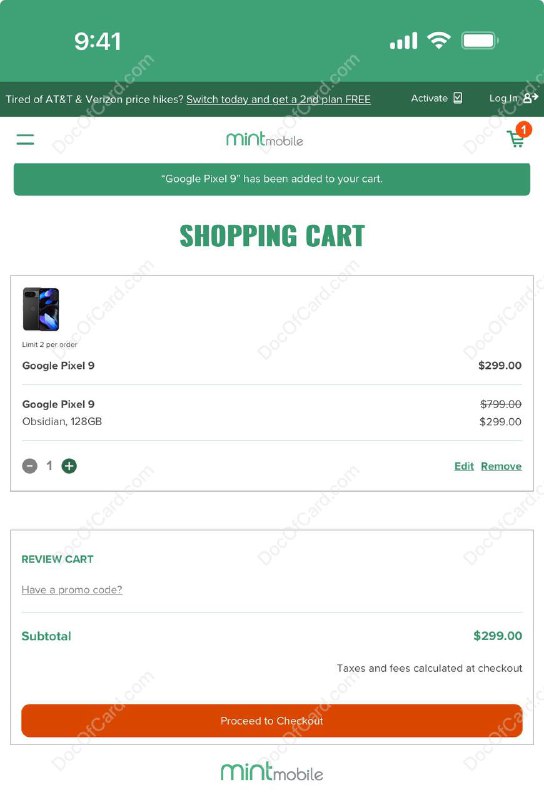 Mint Mobile Google Pixel 9 $299 购买方法#Mint Mibile #Pixel #BlackFriday 🆕12/24涨到399了🆕12/20仍可购买，也可能随时失效🆕没货了 又补货了🆕 • 群友购机实测 [DP] ，需45天内激活⚠️ • 购机注意点▎ 优惠要求 • 新用户:  12个月 Plan + Port in 太贵不看 • ✔️Mint 现有用户:  无要求▎ Mint eSIM 购买步骤 1，Rakuten 新用户：通过 Rakuten $40 新用户链接注册，详细步骤 看这里 (注意一定要关闭各种浏览器广告插件)，注册完成后在 Rakuten 网站搜索 Mint Mobile 进入 1，非 Rakuten 新户：查询 AmEx/Bofa/Chase 等有没有 Mint offer， TopCashBack 也有 Mint $10 返现 2，在 Mint 网站购买最便宜的 5G/3个月/$30/eSIM 套餐，购买完成后，在 「Your Mint Mobile order has been received!」邮件中找到 Activation Code 3，在 eSIM 手机上下载 Mint Mobile App， 使用 Activation code 激活，可漫游激活 4，激活的时候会直接跳出本机安装 eSIM，也会给出 eSIM QR，注意使用美国🇺🇸IP安装 eSIM，注意手机 eSIM 芯片容量足够 5，安装完成按提示创建 Mint 账户，打开 WiFi Calling 6，Mint 支持流量漫游，价格 $5/1G/天 7，注意 Mint 切换 IP 登陆会有短信提醒，需要回复 ALLOW▎ 购机步骤 • 登陆 Mint 网站 Shop New Phones， 随意打开一个手机购买页面， 然后把 这个链接 复制到当前页面的地址栏里打开， 直达购买 Google Pixel 9，就可以看到 $299 价格 • 建议 PayPal 付款，CFF 本季度 5% 返现 • 仅配送美国🇺🇸地址，渣渣转运容易砍单 • 账单地址和收货地址不一致容易砍单▎ 解锁 • 手机有锁，在网 60 天自动解锁，查询电话 (800) 683-7392，5am - 7pm PT [官网]✔️@DocOfCard / DocOfCard.com