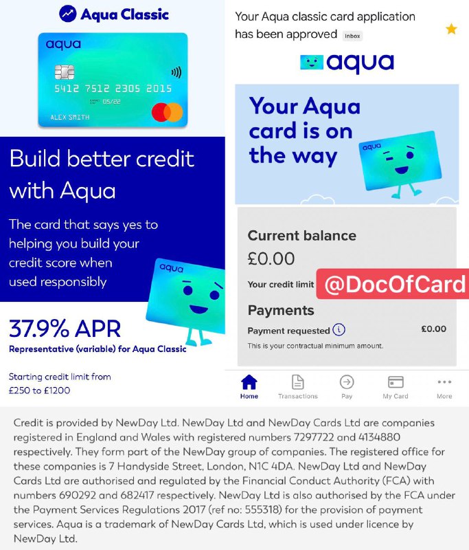 英国信用卡Aqua Classic Card#Aqua🆕1/11/2023更新：群友[DP]另一张 Advance 卡，无FTF • 这是一张Credit Builder信用卡 • 建议一年信用历史通过ClearScore里的Aqua Pre-Approved申请 • 有英国驾照/税号也可以[直接冲][DP]（有条件的建议使用私人地址建立信用） • 申请需要护照，英国漫游ip(CMLink, 3) • 可以绑定 Monzo, Monese 账户自动还款 • 上报Equifax、TransUnion信用 • APP可以查TransUnion信用分和详细报告 • 支持Apple Pay, Google Pay • 2.95% 的FTF✅ 
