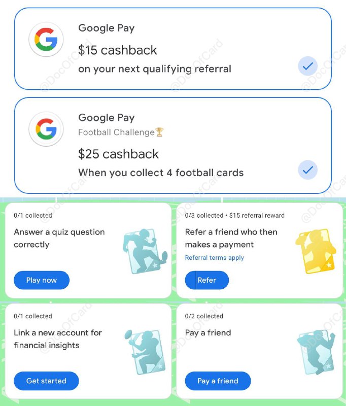 Google Pay新版两个活动#GooglePay • 活动时间：截止10/22活动一：每邀请一个用户得$15 • 新用户可以通过这个[邀请链接]得$5 • 每人最多可邀请3个活动二：集4张卡得$25 • 第一个答题活动有计时60秒 • 获得任意4张卡片即可⚠️注意：  • 要使用余额提现，只需SSN/ITIN • 要使用余额进行消费、转账，还需美国Photo ID实名认证[官网]🆕经实测可通过 ITIN+非美国护照+地址证明 完成实名认证👀相关：Google推出独立新版Google Pay👀相关：Google Pay推出 Balance Card👉🏿 @DocOfCard / 🇺🇸美卡合集