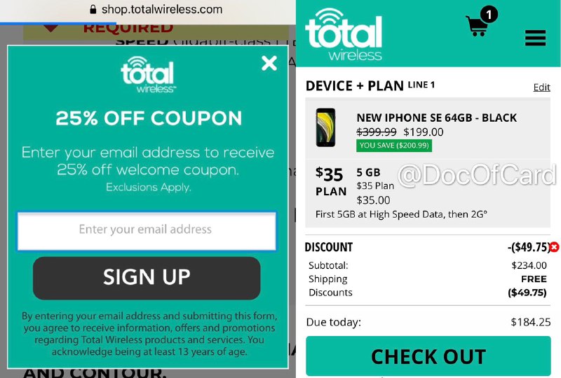 Total Wireless iPhone SE $144 (有锁)#iPhone #totalwireless #deal❶ 打开 totalwireless.com 网站点击首页广告获取25%优惠码(如题图)❷ 注册返现网 TopCashBack(新用户$10欢迎奖励)❸在topcashback搜索 totalwireless，通过$30返现链接进入网站❹加入 iPhone SE 2 64GB 到购物车🛒❺同时加入$35的plan到购物车🛒➏填入邮件中步骤❶获得的25%优惠码❼ 购买完成后，进入topcashback后台，查看pending中的购物记录⚠️注意： • 该手机有锁，解锁要求激活Total Wireless服务12个月 • Total Wireless为Verizon MVNO，prepaid无合约要求💹总结：iPhone SE 2：$199 + $35 plan - $49.75(25%off) - $30(cash back) - $10(welcome refer) = $144.25👉🏿 @DocOfCard