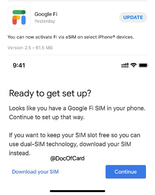 Google Fi iOS更新正式支持eSIM#GoogleFi #eSIM👉🏿 之前我们在 Google Fi帮助文档里发现突然上线了eSIM的支持，而后 Fi Twitter 官宣正式支持iPhone eSIM ， 不过仍仅限新用户👉🏿 现有用户实体卡切换到eSIM方法： • 删除iOS Fi App • 将实体Fi SIM插入 支持eSIM的iPhone • 重新下载 iOS Fi App并登录 • 之后就能看到 Download your SIMSwitch between a physical SIM card and an eSIM：If you are already a Fi user, you can switch between a physical SIM and an eSIM.To switch from a physical SIM to an eSIM: 1 Make sure your physical SIM is inserted. 2 Delete and reinstall the Google Fi iOS app. 3 Sign in to the app with your Fi account. 4 When prompted, tap Download your SIM.To switch from an eSIM to a physical SIM: 1 Make sure you have an active eSIM and insert the physical SIM. 2 Delete and reinstall the Google Fi iOS app. 3 Sign in to the app with your Fi account. 4 When prompted, tap Continue.👉🏿 