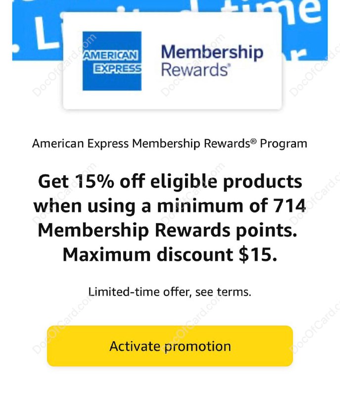 [YMMV]用 AmEx MR 点数卡在 Amazon消费15% off up to $15#Amazon #AmEx👉🏿 通过以下链接查询是否被 targeted，这是个限时活动，但也经常会有✔️ amazon.com/b?node=20906611011 • This is a limited time offer. The promotion will end on the earlier of (a) 5:00pm PT on 7/13/2023 or (b) the time at which 21,477 customers have redeemed the offer❶ 未绑定过 AmEx MR 点数卡到 Amazon 账户的用户需要通过 这个链接 提前绑定❷ 首次绑定卡后需要等24小时❸ 只有 Sold and Shipped by Amazon.com 的商品满足活动条件❹ 付款时必须至少使用 714 点 AmEx MR 点数(且建议只使用 714 点，即填入 5)⚠️不适用于 Amazon 礼品卡，但应该适用于 第三方礼品卡✔️@DocOfCard / DocOfCard.com