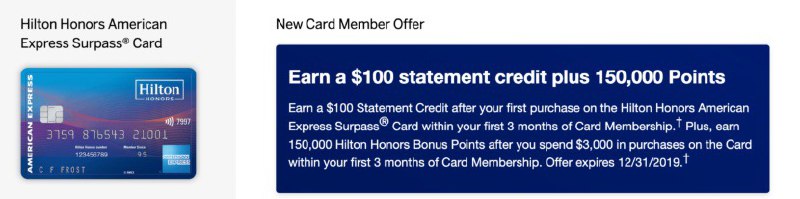 American Express is offering the following bonus on the Hilton Surpass card (formerly Ascend):#Amex👉🏿 Earn a $100 statement credit after your first purchase👉🏿 Earn 150,000 points after $3,000 in spend within the first three months👉🏿 Welcome bonus offer not available to applicants who have or have had this product or the Hilton Honors Surpass Card👉🏿 Annual fee of $95👉🏿 @DocOfCard