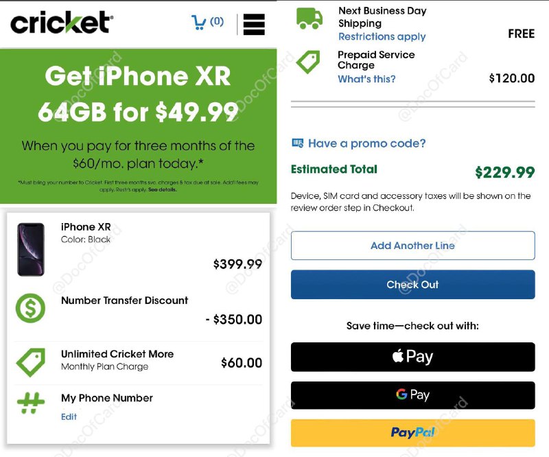 Cricket iPhone XR $50 需预付3个月月租#Cricket #iPhone👉🏿 需要预付3个月租共$180，激活后预付的$120将变成可用credit，$60为首月月租注意⚠️：Cricket修复了bug，现在要3个月后才能降级到$30的Plan了 🆕12/1更新：群友[DP]XR降级$30 plan成功 • 本次优惠需要转入号码 • 不要忘记通过 Rakuten返现网站 去购买 • 建议使用 -$25 Refer code注册 • prepaid没有合约要求，SSN填0000 • 可以漫游激活 • 没有漫游信号，但是可以WiFi Calling • 可提前4天提交手机解锁完整购买流程参考之前 iPhone SE购买步骤⚠️6个月解锁需要Cricket卡一直在手机里✅6个月后解锁成本：iPhone XR $50+$180：3个月月租+$90：4-6月月租-$25：refer code-$5：rakuten返现-$40：Rakuten限时新用户奖励= $250+税👀相关：Cricket购买解锁激活进度实例👉🏿 @DocOfCard
