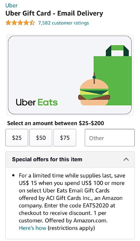Amazon UberEats GiftCard $15 off $100#Amazon🆕 群友[DP]：Costco只要$80（In store only, YMMV）✅ amazon.com/dp/B079YNCBX2 • 需要使用优惠码：EATS2020 • 可以使用Amazon credit👉🏿 @DocOfCard