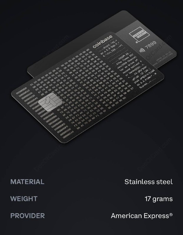 Coinbase US 宣布 AmEx 加密货币信用卡#Coinbase #AmEx #Crypto6月12日，Coinbase 宣布 将在今年秋天推出第一张 AmEx 信用卡 Coinbase One Card✔️ coinbase.com/creditcard • 需订阅 Coinbase One，最低月费 $4.99 • 可选 17g 金属卡，订阅年费 $360 • 消费 2% - 4% 比特币返现 • Coinbase One Card is offered by Coinbase, Inc. and Cardless, Inc. Cards issued by First Electronic Bank✔️@DocOfCard / DocOfCard.com