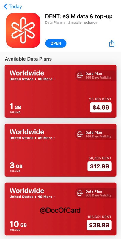 DENT数据漫游eSIM介绍#DENT #eSIM #漫游卡🆕11/27更新：赠送流量有效期改为7天👉🏿 不推荐使用 • 需要支持eSIM的手机 • 下载 DENT app后直接购买 • 可漫游 50个国家 的通用流量 • 一年有效：$5/1GB, $13/3GB, $40/10GB • 实测IP乱飘：荷兰[DP]、以色列[DP][DP]👉🏿 @DocOfCard / 漫游卡合集