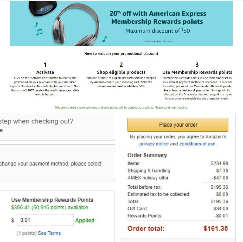 AirPods Pro $234-$47 (Amex MR 20% off)(10% YMMV)👉🏿 需要一张最少1点MR余额的Amex👉🏿 激活 20% offer 或者 $30 off $60👉🏿 YMMV Check If You’re Eligible For 10% Off Sitewide on Amazon Promo Code THX19 , HOL19👉🏿 通过返利网站(Rakuten/TopCashback)进入Amazon, 搜索到$234.98的AirPods Pro👉🏿 付款时使用最少1点MR点数👉🏿 The promotion will end on the earlier of 11:59 PT on 12/31/2019
