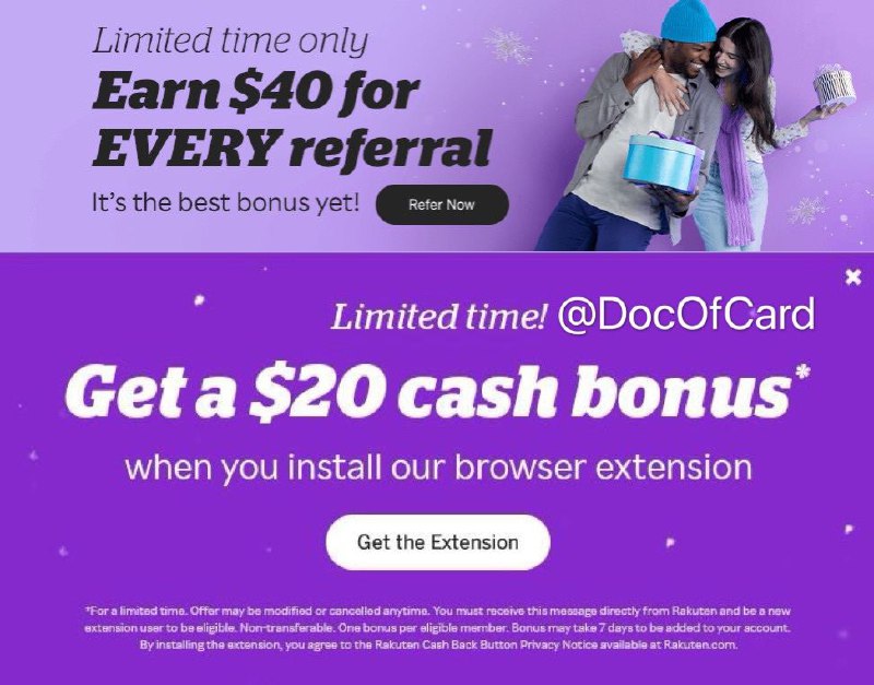 史高：返现网 Rakuten $40 邀请注册奖励#Rakuten #Ebates活动一：(用美国🇺🇸IP)通过 邀请链接 注册账户，并且90 天内通过Rakuten消费$40，可以获取$40/4000MR奖励(非活动期间只有$10)活动时间：11月6日-12月25日活动二：新注册用户或之前未安装过Rakuten浏览器插件的用户，登陆 rakuten.com， 如果看到题图弹窗，并通过弹窗链接安装插件可获得$20奖励以上二个活动共可获得$60或6000MR奖励，可通过支票/PayPal提现👉🏿 @DocOfCard / 其他合集