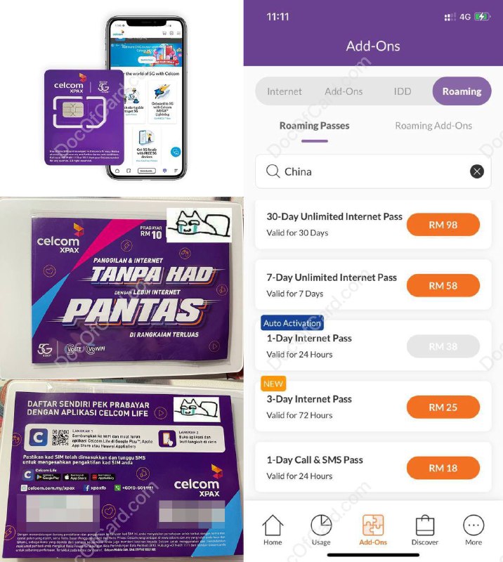 马来西亚流量卡 Celcom prepaid#Celcom #马来西亚🆕3/13/24更新： celcom 卡在海外使用数据超过60天后被停用，客服表示需要携带证据walk in网店解除 [DP]✔️群友 [DP] 推荐了一张马来西亚的预付费手机卡 Celcom： [iOS] • 漫游价格不错，98RM漫游57地 • 支持 Pay Via Celcom for App Store， 比如购买马区 Apple One • 可以开 TNG购买渠道：某宝，注意按图片上的紫色卡版购买最低价型号即可，不要让卖家激活，拿到手后自己按照说明书用护照实名激活保号费用：预付卡有效期是充值金额加50天，到期发短信用5RM也可以一次多再延长55天 [DP]紫色卡片（Celcom）运营商（充值延期50天），拨打 *124# 即可弹出号码，Celcom运营商号码有效期查询，拨打 *124#，号码有效期为弹出的有效期后延50天 [DP] • 可通过 GrabPay 使用银联卡充值 [DP] ，保号玩家也可以每50天用grabpay充5RM • 也可以通过 OCBC 入金 TNG 后再充值 • 非马来人实名的卡，充值要给6%的税款漫游费用： [官网] • 电话马来：6RM/分钟 • 电话所在国家地区：7RM/分钟 • 电话其他国家地区：12RM/分钟 • 接听电话：6RM/分钟 • 发短信：1RM/条 • 收短信：免费漫游流量 Roaming Pass，有多种方案： • 1天/38RM/500MB/支持130国家地区 • 7天/58RM/无限流量/支持20国家地区 • 30天/98 118RM/无限流量/支持 56个国家地区 （上一个能这样漫游的 Google Fi 已经限制只能漫游用一个月了） • 注意无限流量限制每天最多使用 2 3GB 高速流量，超过后限速 1Mbps [官网] • Prepaid 5G漫游 需要先订购马来西亚本土的 5G套餐 ，再订购漫游包， [4G测速] • 目前没看到说能漫游多久 [公平使用]✔️@DocOfCard / 手机卡合集