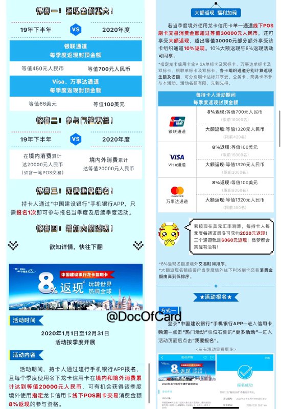 建行境外8%10%返现#建行 • 活动时间：7/1 - 9/30，10/1 - 12/31 • 需要报名，返现有名额限制 • 境内外累计消费20000元 → 8%返现 • 境外单一通道线下消费30000元 →该卡组织10%返现 • 10%大额返现与8%返现活动可同享👉🏿 