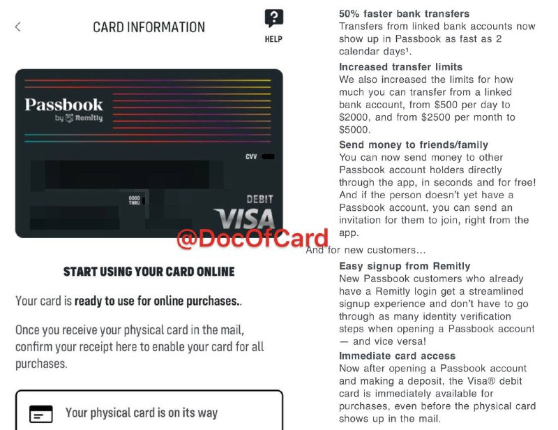 #Passbook🆕4/13/21更新：Passbook邮件推送更新 • 从关联账户入金最快2天显示在账户里 • 从关联账户入金每天$500提高到$2000，每月$2500提高到$5000 • 支持免费的Pay family and friends • 新用户开户可马上拿到卡信息消费[DP] • Remitly用户可快速开户无需复杂身份验证👀相关：美国数字银行Passbook by Remitly