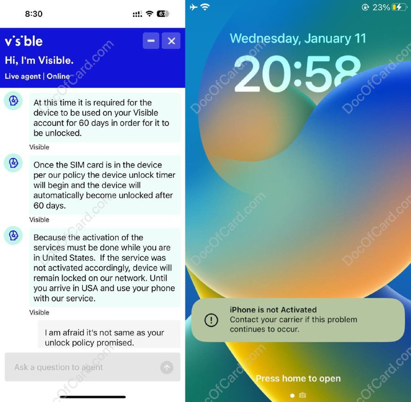 Visible 海淘解锁翻车#Visible 据多位群友[DP][DP2][DP3][DP4]反馈，Visible 被撸太多，可能修改了解锁限制： 从 Visible 购买的手机需在美国🇺🇸接入 Visible 网络激活并使用 60 天后，才能解锁 • 官方解锁规则页面 没有说明这个限制 • 目前返现还能正常拿到，但保不齐会不会继续修改返现规则 • 群友反馈对线 Visible 客服并没有实际帮助 • 建议无法在美国🇺🇸激活手机的海淘用户暂时不要上车了✔️@DocOfCard