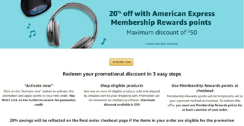 Amazon:  Get 20% Off on Amazon when Using 1 Membership Rewards Point (Max $50 Discount)👉🏿 Activate offer: 