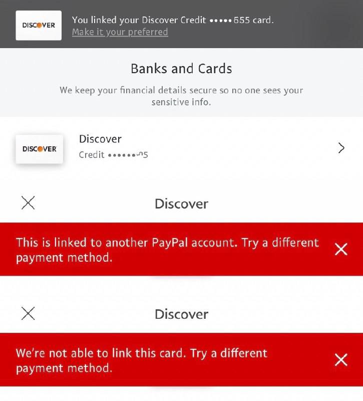 关于PayPal US绑定银联卡#PayPal #银联 #Discover👉🏿 群友提供 [DP] 发现美区PayPal可以绑定银联卡，如果输入62银联卡后，PayPal自动识别为Discover则可以绑定手选无效，目前绑定成功的基本都是622卡 • 成功： 招行(622575[DP], 622576[DP]), 中信(622689), 建行(622708), 工行(6225), 浦发(622693[DP]), 南京银行(622596[DP), 交行(622656[DP]), 广发(6222555[DP]) • 失败： 中行(625907), 工行(625859), 建行(625966), 北京银行(621468[DP]), Tap&Go(624468[DP]), 广发(625807), 浦发(625958), 交行(622250[DP]), 平安(622157[DP]) • 提示已经绑定其他账户： 招行(62257)👉🏿 @DocOfCard / 银行账户卡合集