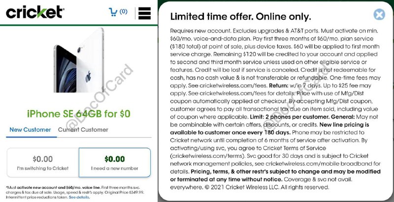 Cricket iPhone SE2 $0 需预付3个月月租#Cricket #iPhone🆕 [0元iPhone SE 2020]活动再次开启需要预付3个月租共$180，激活后预付的$180将变成可用credit，按照过往经验，激活当天可直接降级到$30的Plan，这样$180的credit可以用6个月，6个月正好解锁 • 本次优惠适合准备用满6个月后解锁的 • 本次优惠不需要转入号码 • 预付的3个月月租共$180可以在收到手机激活plan的当天马上降级到$30月租plan，这样就可以用6个月了 • 不要忘记通过 Rakuten返现网站 去购买 • (非必须)使用Refer code注册 • prepaid没有合约要求，SSN填0000 • 可以漫游激活 • 没有漫游信号，但是可以WiFi Calling • 可提前4天提交手机解锁👀完整优惠购买流程参考之前的推送： ✅ Cricket iPhone SE 2020 购买步骤⚠️6个月解锁需要Cricket卡一直在手机里✅6个月后解锁成本：+$180：6个月月租(-$25：refer link，这个对降低成本无用)-$5：rakuten返现-$30：Rakuten限时新用户奖励(-$25：BofA/Chase信用卡返现)(-5%：Chase PayPal返现)= $145+税👀相关：Cricket购买解锁激活进度实例👉🏿 @DocOfCard