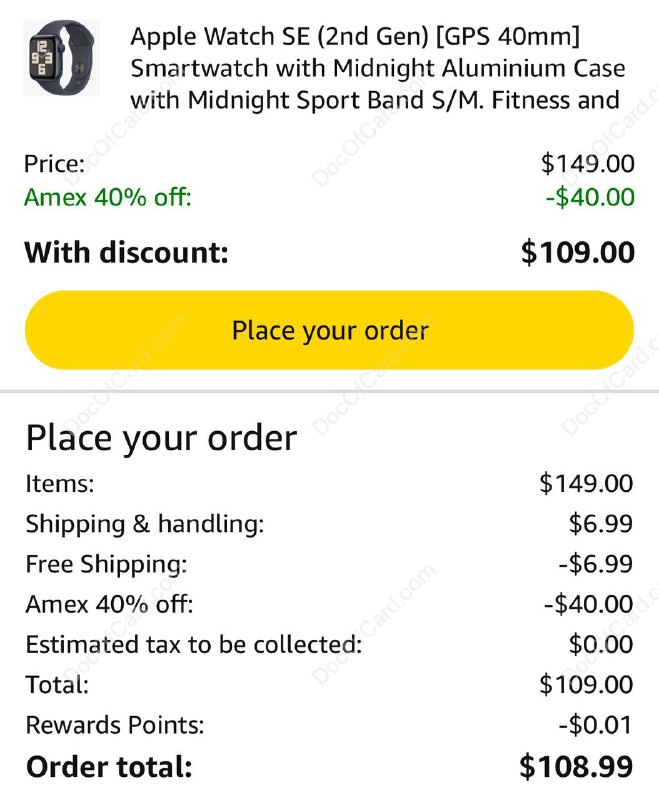 Amazon/Walmart Apple Watch SE (2024) for $149/$179#Amazon #Apple Watch #BlackFriday✔️ Amazon: • 40mm • 44mm✔️ Walmart: • 40mm • 44mm • 建议配合 Amazon 美卡点数活动 (如图) • Rakuten 新户 $40 奖励 ，可以在把 Giftcards 购买的 Amazon 余额用完✔️@DocOfCard / DocOfCard.com