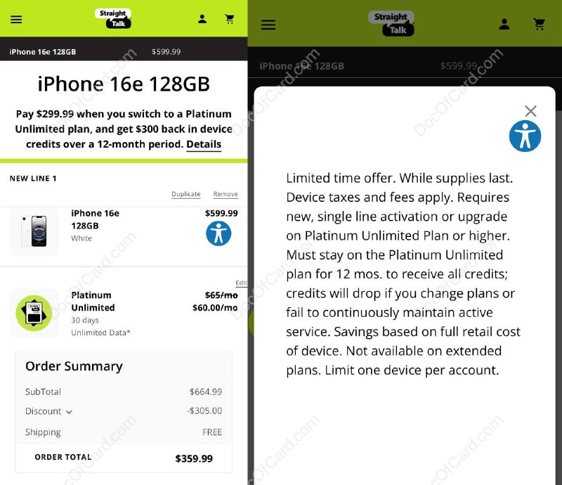 Straight Talk iPhone 16e $320 + 税#StraightTalk #iPhone • 可 [官网] 激活套餐，1个月后套餐过期不用管， 61天 后手机自动解锁，可以发送短信 