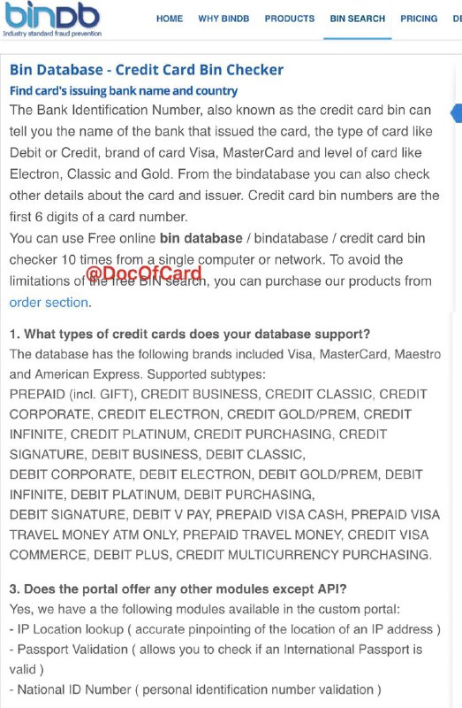 一个非常准确的BIN查询网站#BIN🆕8/10更新：又可以查询了🆕4/16更新：凉了，收费了✅ bindb.com/bin-database.html • 同一电脑/ip可以免费查询10次 • 银联卡bin也能查 • bindb.com/faq.html备用查询网站： freebinchecker.com👉🏿 @DocOfCard