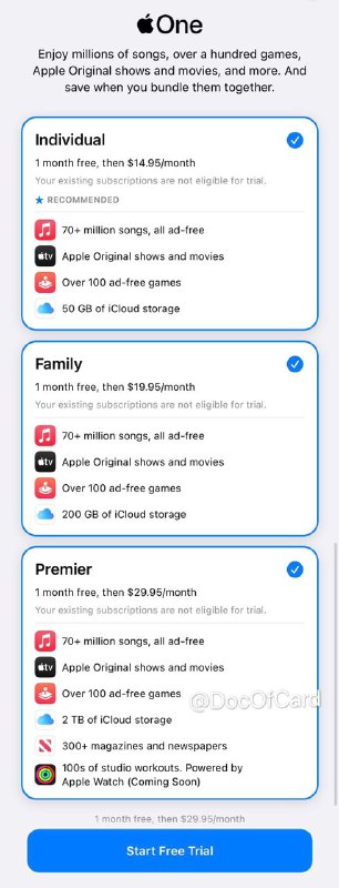 Apple One全家桶Premier套餐仅限美国、英国、澳大利亚和加拿大#AppleOne👉🏿 Apple One全家桶服务捆绑套餐将于周五在100多个国家和地区推出，但Premier套餐仅限美国、英国、澳大利亚和加拿大可用 • Individual含50GB的iCloud • Family含200GB的iCloud，最多6人共享 • Premier含2TB的iCloud，最多6人共享👉🏿 