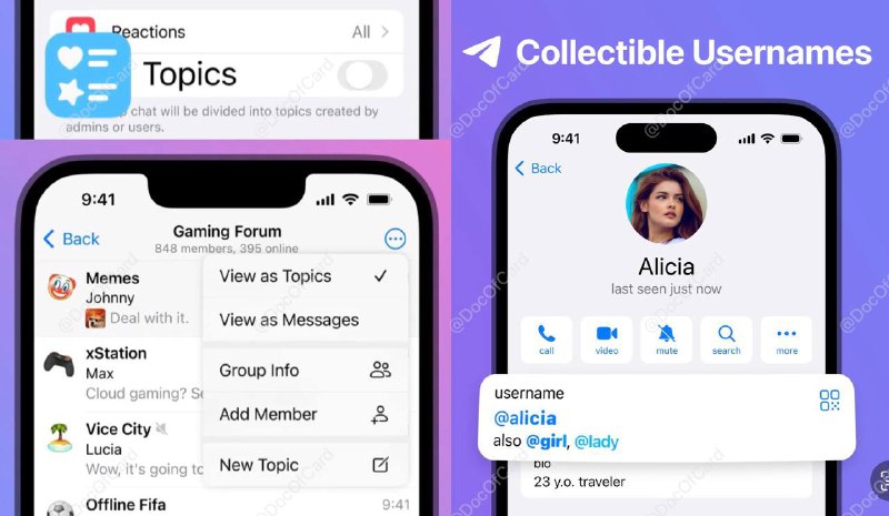 #Telegram ✅Telegram iOS 更新 9.1.0 版，群 Topics 主题、Username 别名(靓号)功能上线▎Topics 主题，需要 owner 才能开启，默认所有人都you权限建立新 topics，管理可关闭该权限 • 实现方式：所有进入topics的人实际上都是在 「回复建立topics 的那条 服务消息」 • 需要200人以上的群，且未关联频道 • 开启后，不支持该功能的客户端用户将无法查看群新消息，并且一直弹 错误通知 • 开启后，必须进入其中一个topics 才能聊天，且无法查看群历史消息 • 建议官方修改：开启topics后，打开群能自动进入其中一个默认topic，需要进入其他topic的时候，可以自己选择▎Username 别(liang)名(hao)，官方叫做 Collectible Usernames • 实现方式：靓号当然 只能购买✔️@DocOfCard