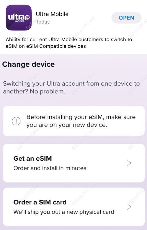 #ultra #ultramobile #eSIM🆕12/21更新：Ultra Mobile app 更新1.2.28 版本，可直接在 app 内完成实体卡和 eSIM 切换，也可以 eSIM 换设备 • 需要支持 eSIM 的手机才能看到选项 • 支持 PayGo 实体卡转 eSIM  • 每年可以免费切换2次，之后收费 $3 • Ultra 开始屏蔽部分垃圾机房IP，如果app网页白天显示维护中，可能是你的IP太烂🔗相关：📶 Ultra Mobile PayGo 介绍✔️@DocOfCard / 🇺🇸手机卡合集
