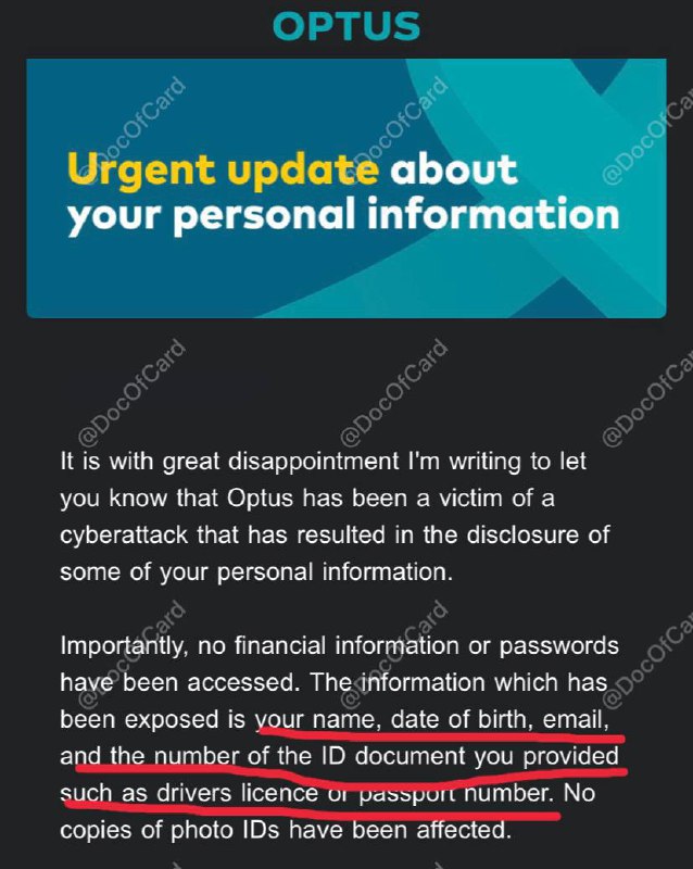 #Optus🆕9/27更新：据消息，黑客宣称迫于太多关注已删除被盗数据并道歉，除了已经公开的10200名澳大利亚用户数据🆕9/24更新：Optus重大用户信息泄露，数量约1000万，相当于该国人口40%[DP] • 受影响的客户包括：2017年起的 Optus Broadband、Prepaid Mobile、Postpaid Mobile、Optus Business，Amaysim、Enterprise 和 Wholesale (eg MVNOs)客户不受影响 • 可能泄露的信息包括客户的姓名、出生日期、电话号码、电子邮件地址、家庭地址、身份证件号码（如驾照或护照号码）等，付款信息和帐户密码没有被盗